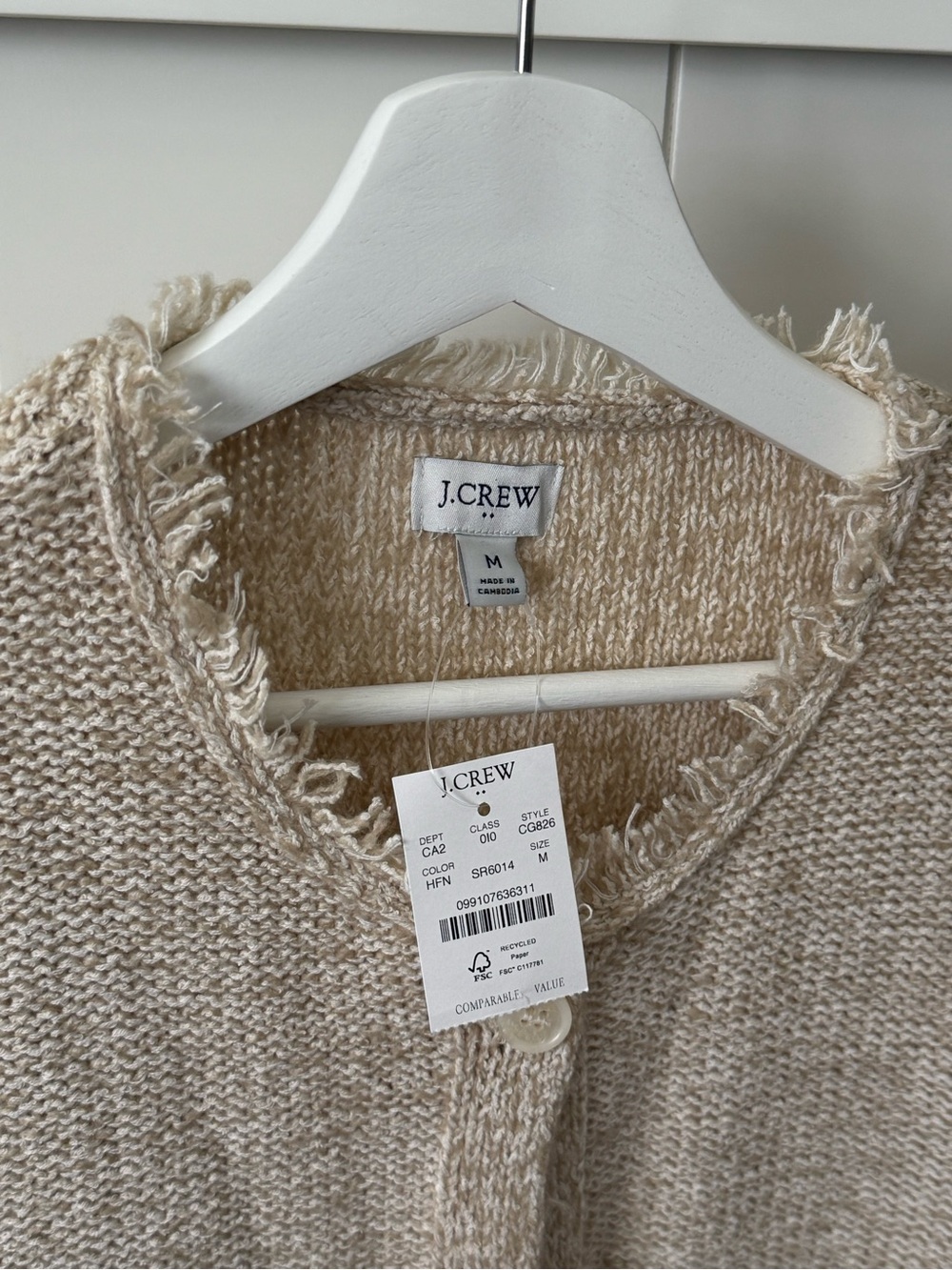 J. Crew Fringe-Trim Short Sleeve Cardigan in Neutral Oatmeal - Picture 2 of 2